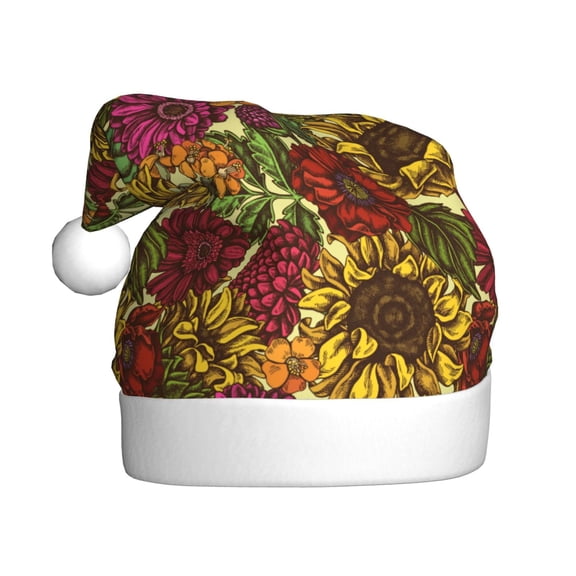 Kowoue Sunflower Pattern Santa Hat Christmas Hats for Adults, Holiday Unisex Velvet Comfort Xmas Hat for Women Men