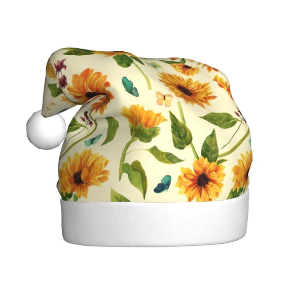 Kowoue Sunflowers And Butterflies Pattern Santa Hat Christmas Hats for Adults, Holiday Unisex Velvet Comfort Xmas Hat for Women Men