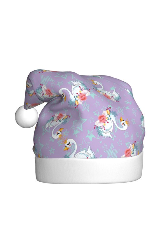Swan With Stars Pattern Santa Hat Christmas Hats for Adults, Holiday Unisex Velvet Comfort Xmas Hat for Women Men