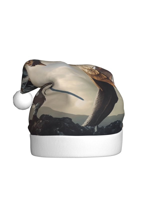 Swordsman Cool Dragon Pattern Santa Hat Christmas Hats for Adults, Holiday Unisex Velvet Comfort Xmas Hat for Women Men