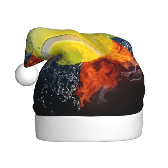 Kowoue Tennis Ball In Fire And Water Pattern Santa Hat Christmas Hats for Adults, Holiday Unisex Velvet Comfort Xmas Hat for Women Men