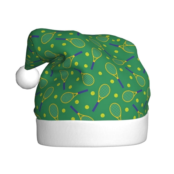 Kowoue Tennis Rockets And Balls Pattern Santa Hat Christmas Hats for Adults, Holiday Unisex Velvet Comfort Xmas Hat for Women Men