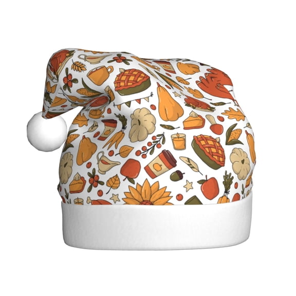 Kowoue Thanksgiving with Food Pattern Santa Hat Christmas Hats for Adults, Holiday Unisex Velvet Comfort Xmas Hat for Women Men