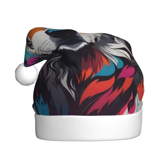 Kowoue Tie-Dye Wolf Head Pattern Santa Hat Christmas Hats for Adults, Holiday Unisex Velvet Comfort Xmas Hat for Women Men