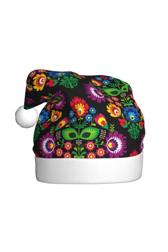 Traditional Floral Polish Pattern Santa Hat Christmas Hats for Adults, Holiday Unisex Velvet Comfort Xmas Hat for Women Men