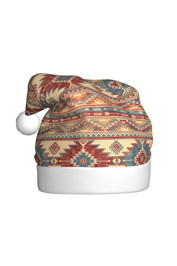 Traditional Tribal Aztec Pattern Santa Hat Christmas Hats for Adults, Holiday Unisex Velvet Comfort Xmas Hat for Women Men
