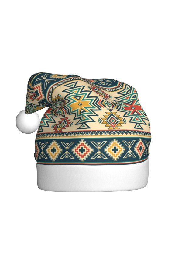 Traditional Tribal Aztec1 Pattern Santa Hat Christmas Hats for Adults, Holiday Unisex Velvet Comfort Xmas Hat for Women Men