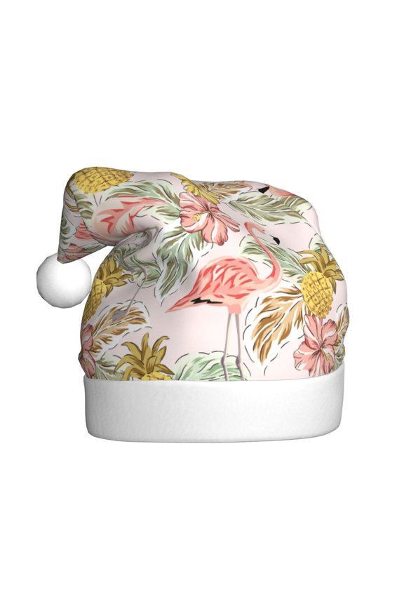 Tropical Flamingo Pineapple Pattern Santa Hat Christmas Hats for Adults, Holiday Unisex Velvet Comfort Xmas Hat for Women Men