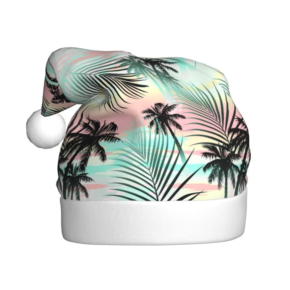 Kowoue Tropical Summer Palm Pattern Santa Hat Christmas Hats for Adults, Holiday Unisex Velvet Comfort Xmas Hat for Women Men