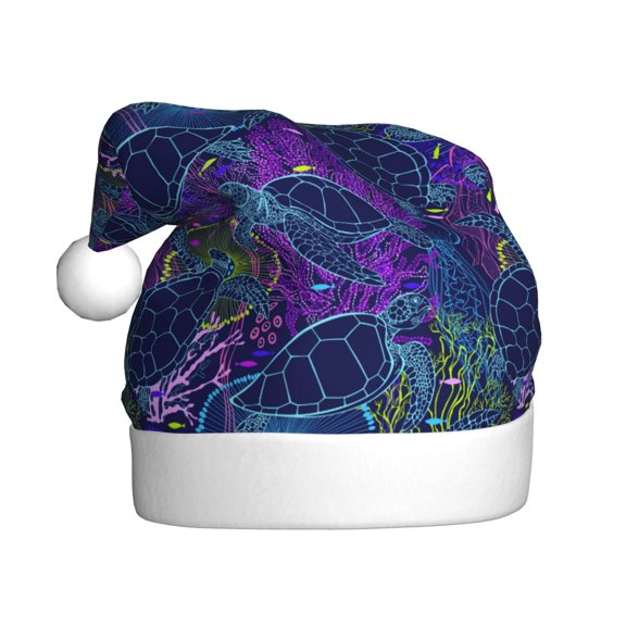 Kowoue Turtles Pattern Santa Hat Christmas Hats for Adults, Holiday Unisex Velvet Comfort Xmas Hat for Women Men