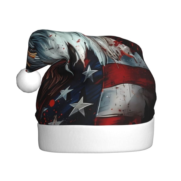 Kowoue USA Bald Eagle Pattern Santa Hat Christmas Hats for Adults, Holiday Unisex Velvet Comfort Xmas Hat for Women Men