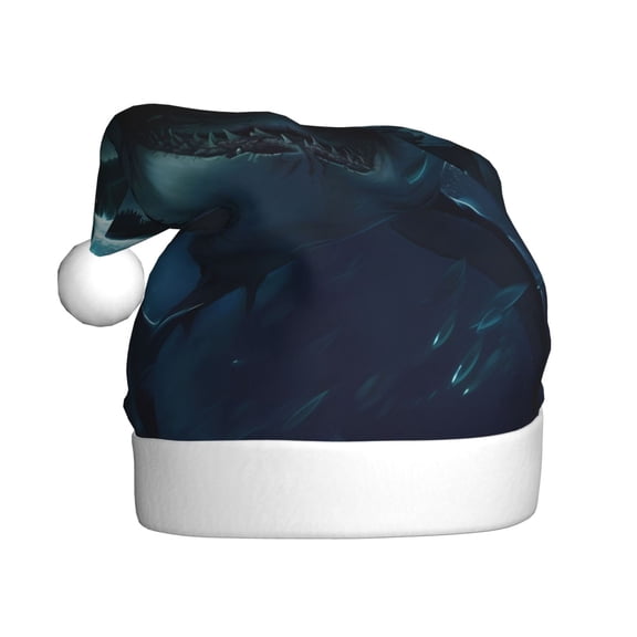 Kowoue Undersea Shark Pattern Santa Hat Christmas Hats for Adults, Holiday Unisex Velvet Comfort Xmas Hat for Women Men