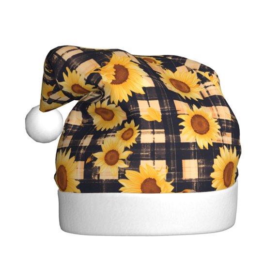 Kowoue Vintage Black White Plaid Sunflowe Pattern Santa Hat Christmas Hats for Adults, Holiday Unisex Velvet Comfort Xmas Hat for Women Men