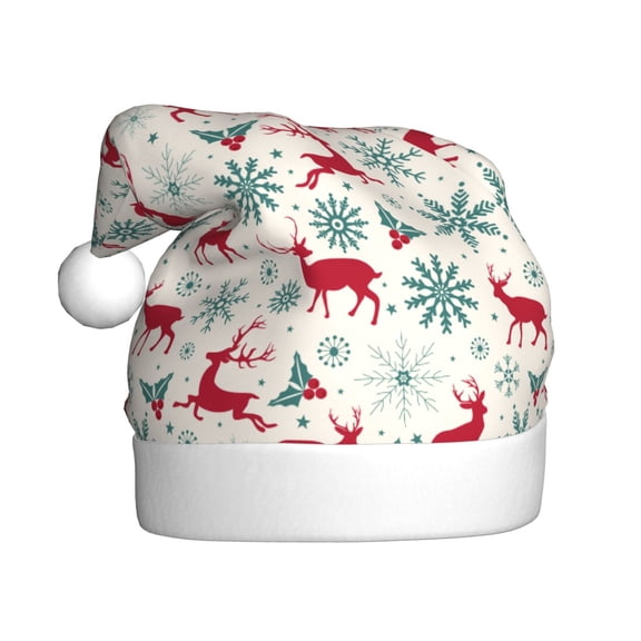 Kowoue Vintage Christmas Reindeer Pattern Santa Hat Christmas Hats for Adults, Holiday Unisex Velvet Comfort Xmas Hat for Women Men