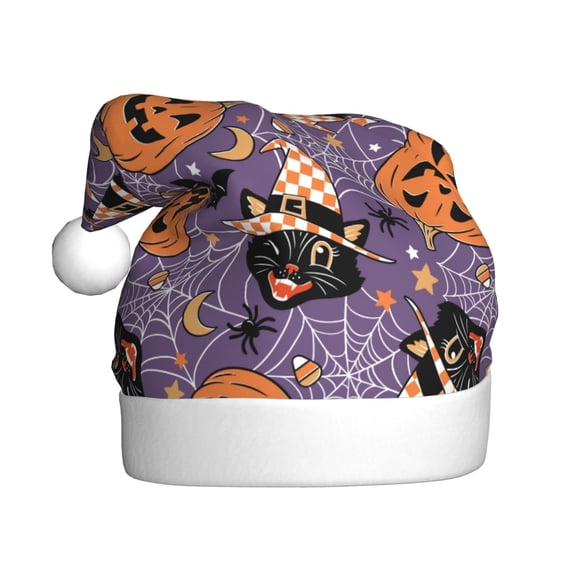 Kowoue Vintage Halloween Black Cat Pattern Santa Hat Christmas Hats for Adults, Holiday Unisex Velvet Comfort Xmas Hat for Women Men