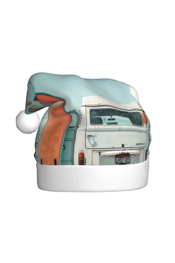 Vintage Surf Van Beach Pattern Santa Hat Christmas Hats for Adults, Holiday Unisex Velvet Comfort Xmas Hat for Women Men
