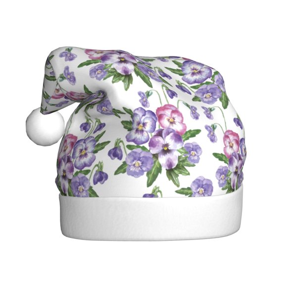 Kowoue Violets Flowers Pattern Santa Hat Christmas Hats for Adults, Holiday Unisex Velvet Comfort Xmas Hat for Women Men