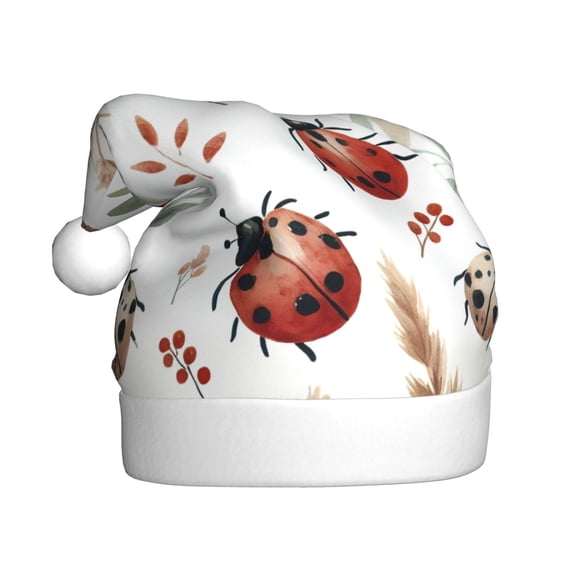 Kowoue Watercolor Ladybug Pattern Santa Hat Christmas Hats for Adults, Holiday Unisex Velvet Comfort Xmas Hat for Women Men