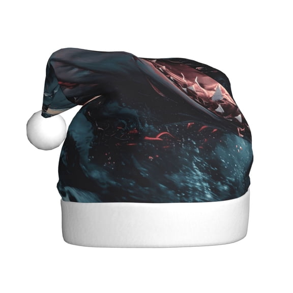 Kowoue Wave Chain Shark Pattern Santa Hat Christmas Hats for Adults, Holiday Unisex Velvet Comfort Xmas Hat for Women Men