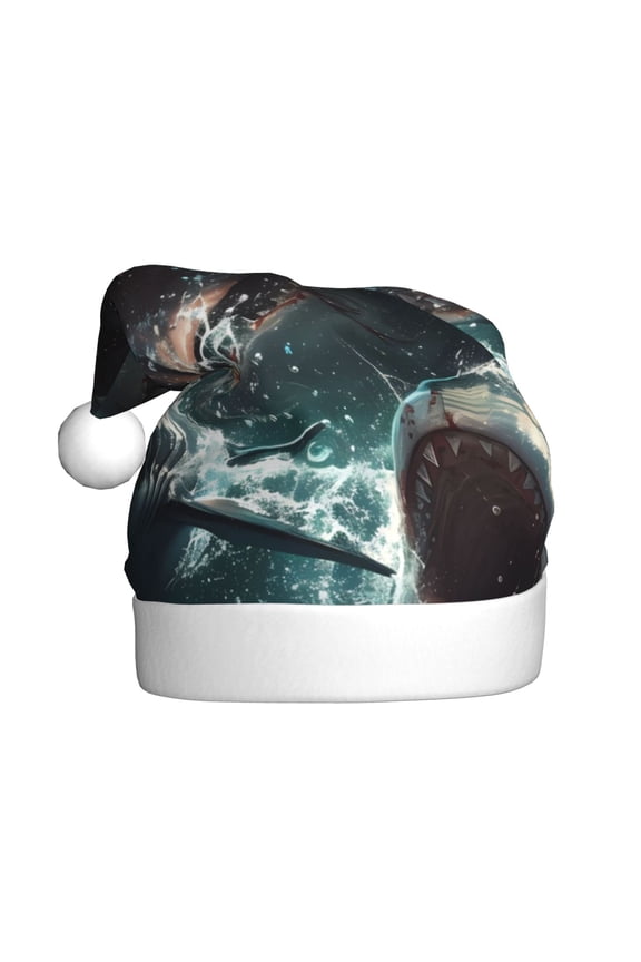 Wave Ocean Animal Shark Pattern Santa Hat Christmas Hats for Adults, Holiday Unisex Velvet Comfort Xmas Hat for Women Men
