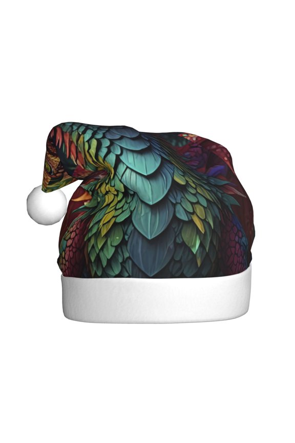 Whimsical Dragon Color Cool Pattern Santa Hat Christmas Hats for Adults, Holiday Unisex Velvet Comfort Xmas Hat for Women Men