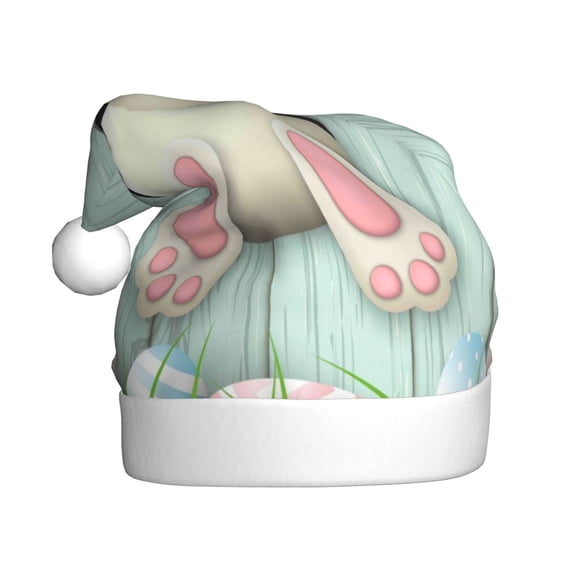 Kowoue White Bunny Bottom And Easter Eggs Pattern Santa Hat Christmas Hats for Adults, Holiday Unisex Velvet Comfort Xmas Hat for Women Men