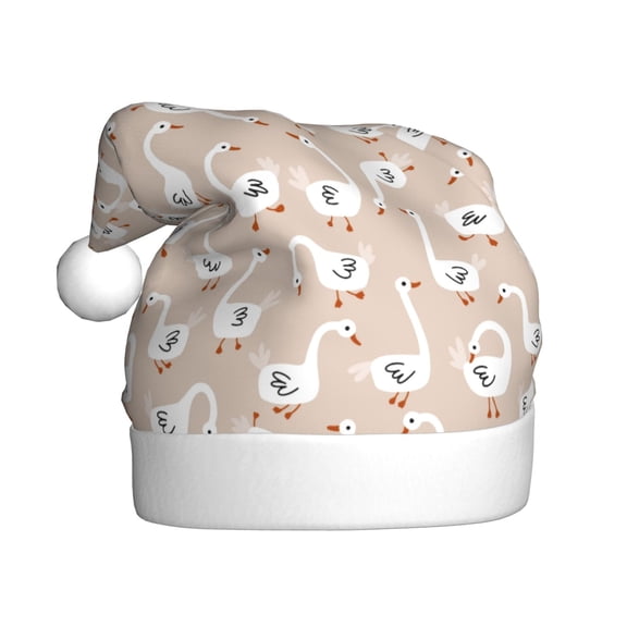 Kowoue White Goose Pattern Santa Hat Christmas Hats for Adults, Holiday Unisex Velvet Comfort Xmas Hat for Women Men