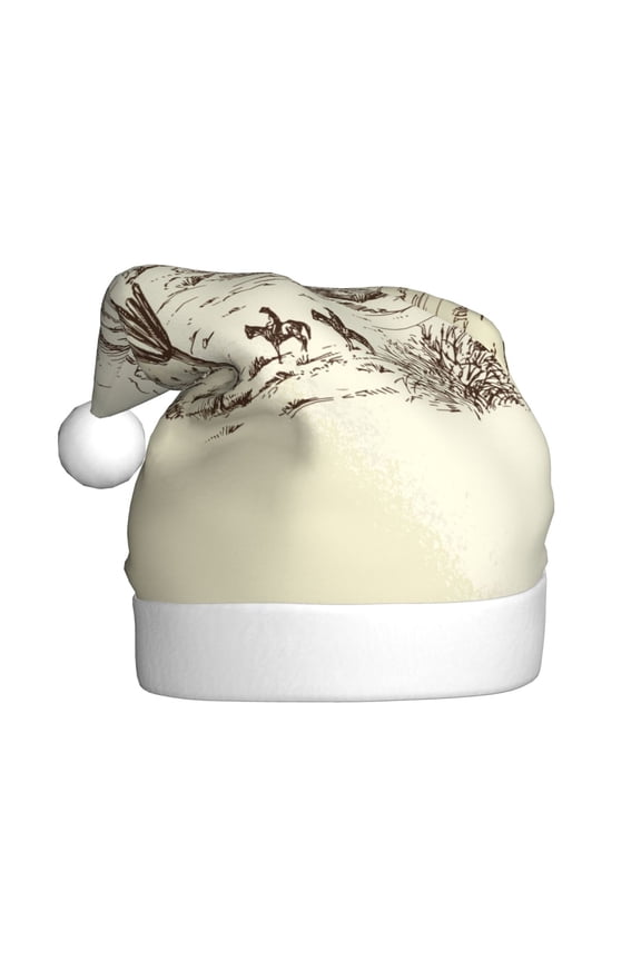 Wild West Desert With Cowboys Pattern Santa Hat Christmas Hats for Adults, Holiday Unisex Velvet Comfort Xmas Hat for Women Men