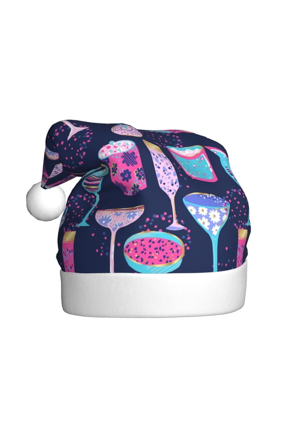 Wine Glasses And Cocktails Pattern Santa Hat Christmas Hats for Adults, Holiday Unisex Velvet Comfort Xmas Hat for Women Men