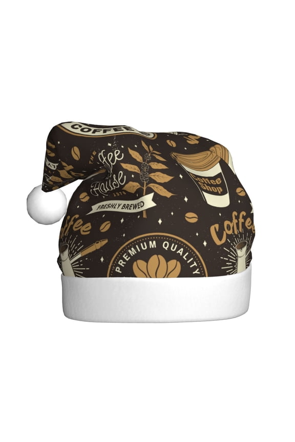 coffee shop house Pattern Santa Hat Christmas Hats for Adults, Holiday Unisex Velvet Comfort Xmas Hat for Women Men