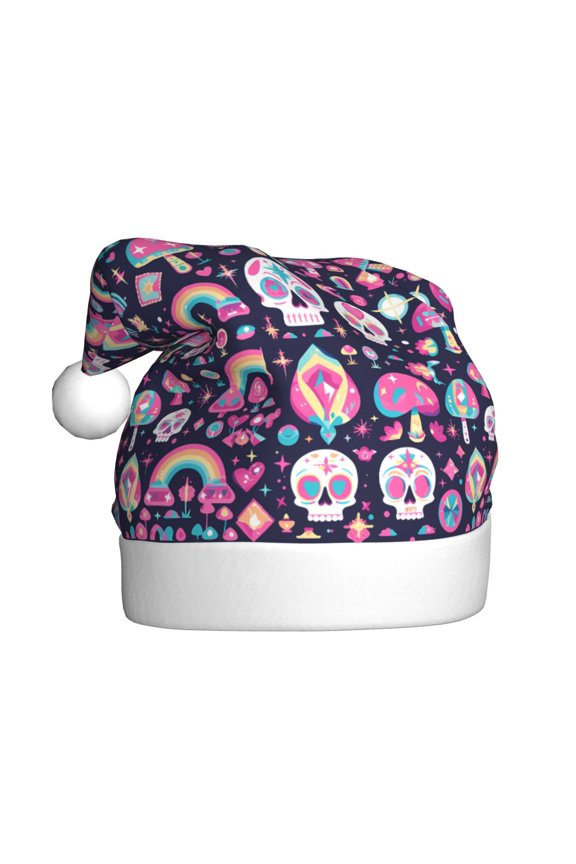 cute Skull rainbow mushroom Pattern Santa Hat Christmas Hats for Adults, Holiday Unisex Velvet Comfort Xmas Hat for Women Men