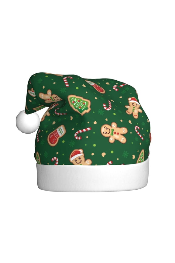 green Christmas Element Pattern Santa Hat Christmas Hats for Adults, Holiday Unisex Velvet Comfort Xmas Hat for Women Men