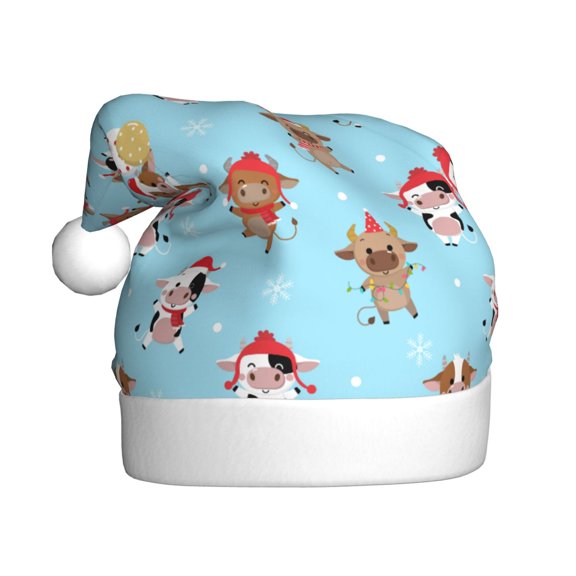 Kowoue winter cow cute Pattern Santa Hat Christmas Hats for Adults, Holiday Unisex Velvet Comfort Xmas Hat for Women Men