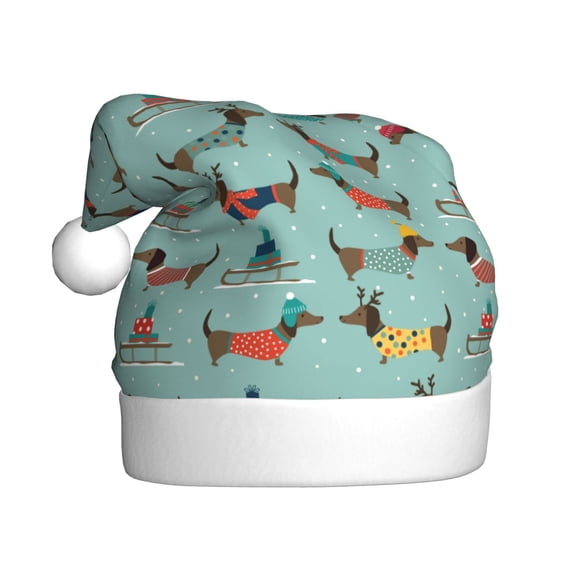Kowoue winter ski Dachshund Pattern Santa Hat Christmas Hats for Adults, Holiday Unisex Velvet Comfort Xmas Hat for Women Men