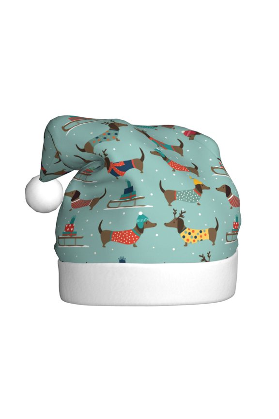 winter ski Dachshund Pattern Santa Hat Christmas Hats for Adults, Holiday Unisex Velvet Comfort Xmas Hat for Women Men