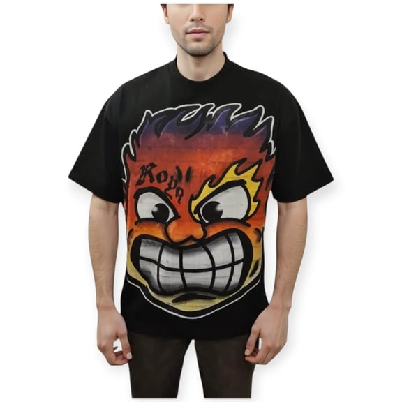 Koya Streetwear Men Flame Face Boxy Two Face Tee (Black)