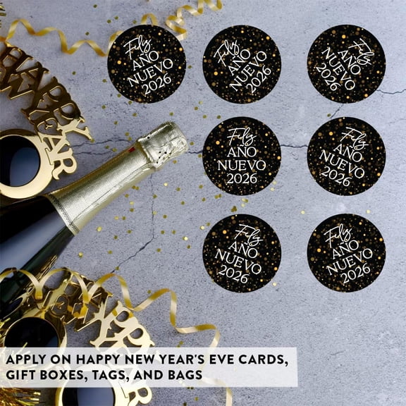 Koyal Wholesale 2" Black Gold Confetti Feliz Ao Nuevo Stickers for New Year Favors, 40 Pack