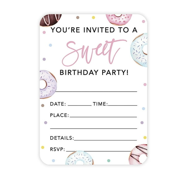 Koyal Wholesale 24 Pcs Donut Birthday Party Invitations with Envelopes Fill-in-the-Blank