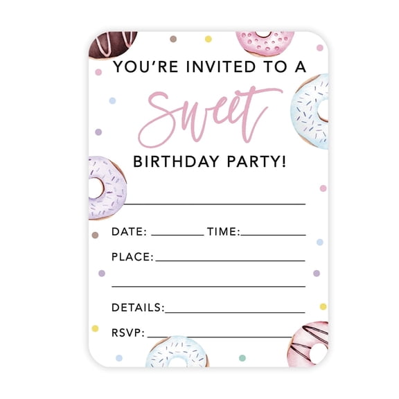 Koyal Wholesale Donut Birthday Paper Invitations for Kids, 1st Birthday, Blank Cards with Envelopes, 24-Pack