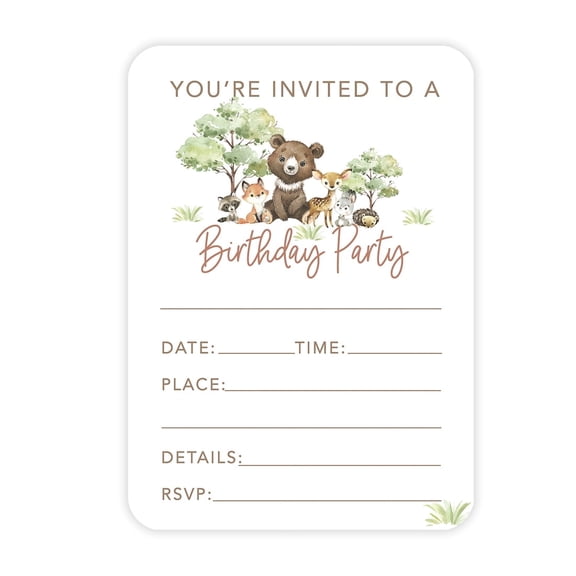 Koyal Wholesale Pastel Woodland Animals Birthday Paper Invitations for Kids, 1st Birthday, Blank Cards with Envelopes, 24-Pack