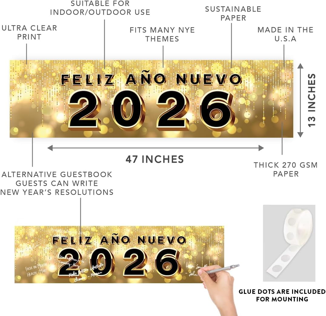 Koyal Wholesale 47x13 Feliz Ao Nuevo Banner Black Gold Hollywood Glam New Year Decor