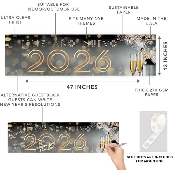 Koyal Wholesale 47x13 Feliz Ao Nuevo Banner Gold Gatsby Art Deco Black Gold NY Decor