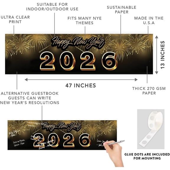Koyal Wholesale 47x13 Happy New Year Banner Black Gold Fireworks New Years Eve Décor