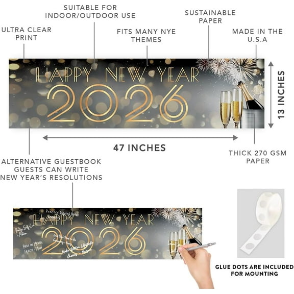 Koyal Wholesale 47x13 Happy New Year Banner Gold Gatsby Art Deco Black Gold NYE Dcor