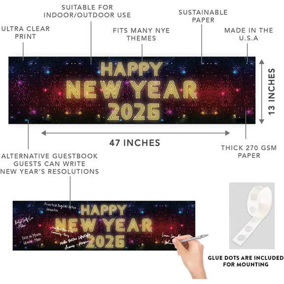 Koyal Wholesale 47x13 Happy New Year Banner Neon Lights Theme New Years Eve Decor