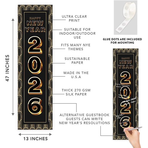 Koyal Wholesale 47x13 Happy New Year Banner Vertical Art Deco Black Gold NYE Décor