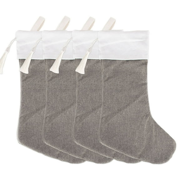 Koyal Wholesale 4Pcs Linen Christmas Stockings with Tassel DIY Gray Stocking