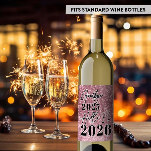Koyal Wholesale 4x5 Wine Bottle Happy New Year Pink Glitter Goodbye Hello Labels, 8-Pack