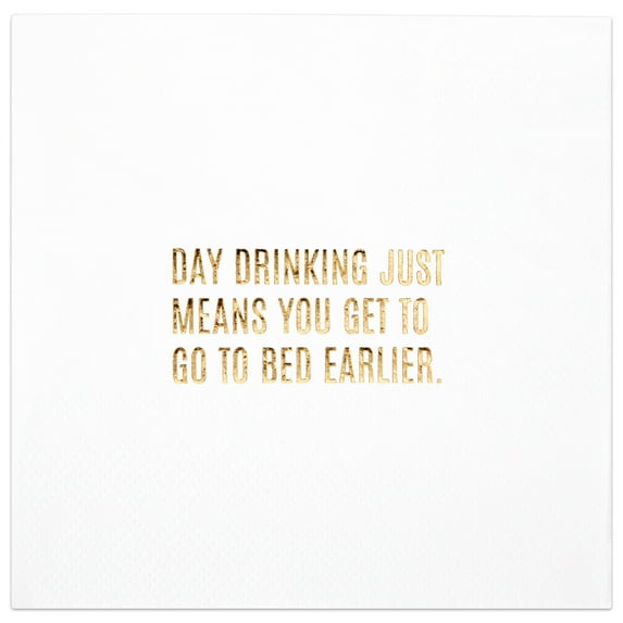 Koyal Wholesale 5 Inch White with Gold Foil Day Drinking Just Means You Get To Go To Bed Earlier Napkins, 100-Pk, 3-Ply