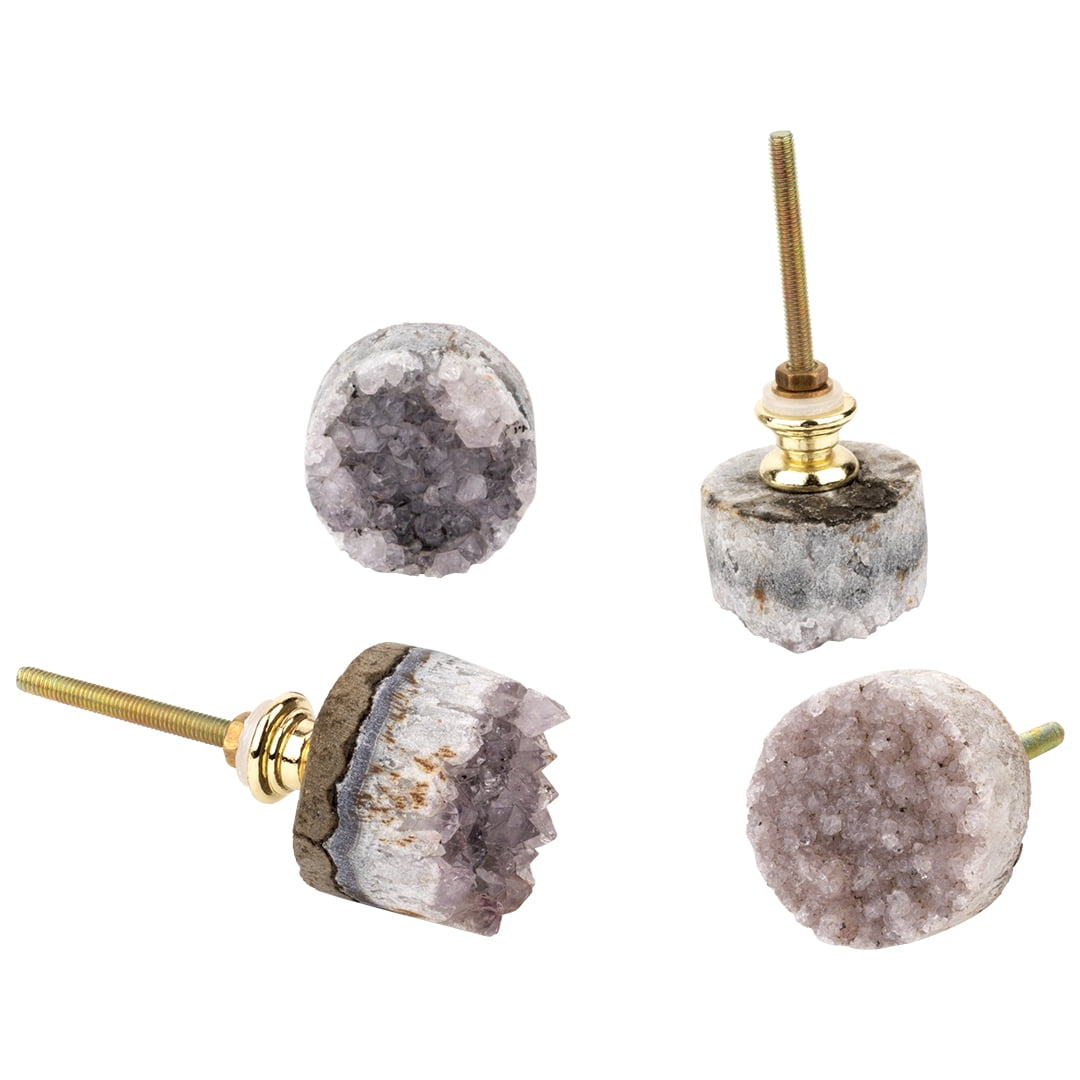 Amethyst Crystal Geode Knobs with Gold Plated Base, 4 Pack
